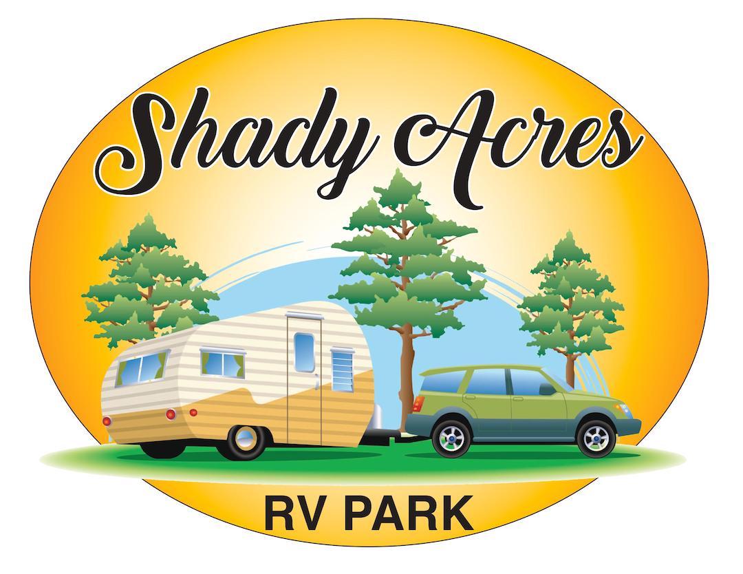 Shady Acres Gated RV Park Logo. A sun and trees in the background with a green suv and a travel trailer